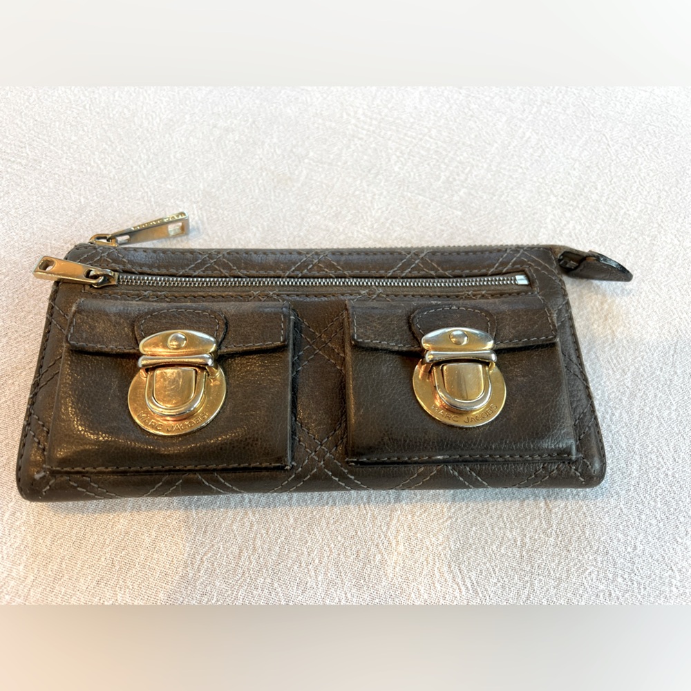 Vintage Marc Jacobs continental Gray Leather Wallet with Gold Accents